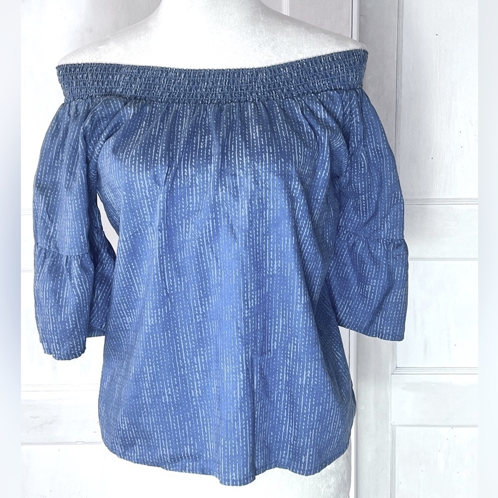 PRANA CHRYSSA OFF THE SHOULDER TOP IN BLUE SPRINKLE RUFFLE SLEEVE SZ S
